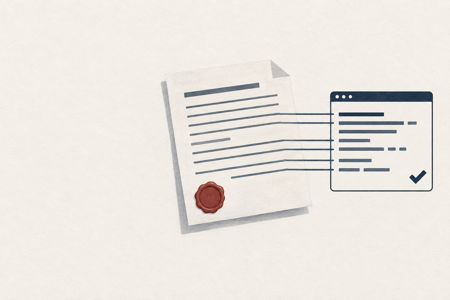 An approval document sealed in red wax whose lines flow into a terminal window ending in a check mark.