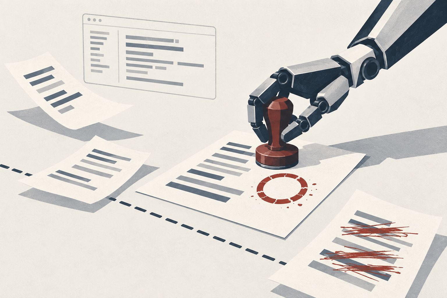 A robotic hand stamping its own document, leaving a hollow, cracked seal as papers drift past a boundary line.