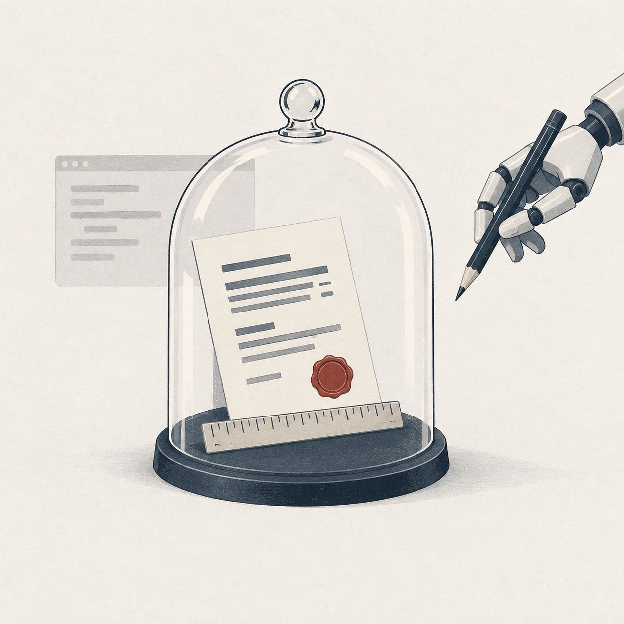 A sealed document and ruler under a glass bell jar, out of reach of a robotic hand with a pencil.