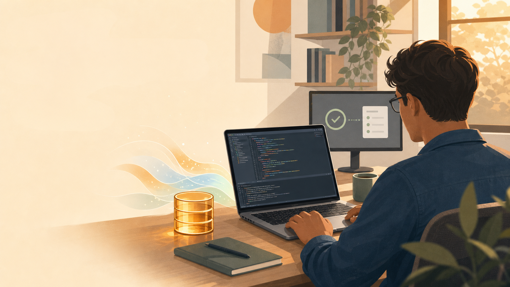 A developer at a local workstation reviews code and a database while a second screen shows a passing test.