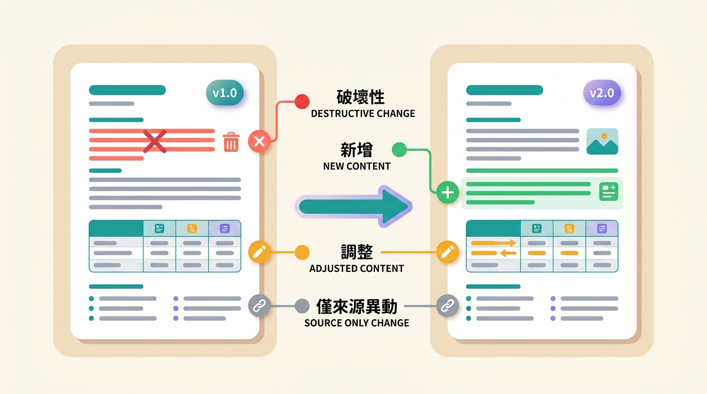 新舊兩版文件比對,變動處以紅綠琥珀灰四色燈號標記